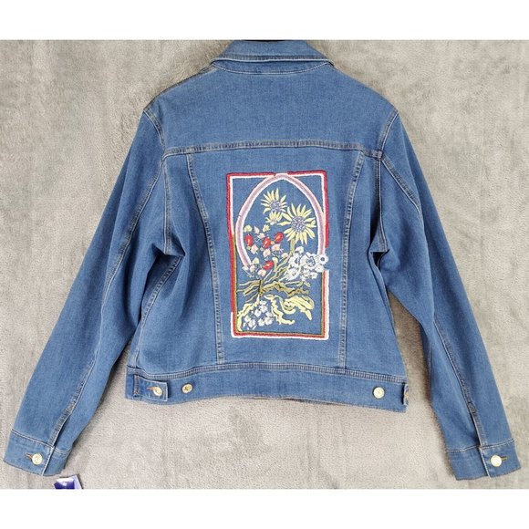 Nygard Jean Jackets Womens Large Blue Floral Embroidered Distressed Button Up - Picture 1 of 13
